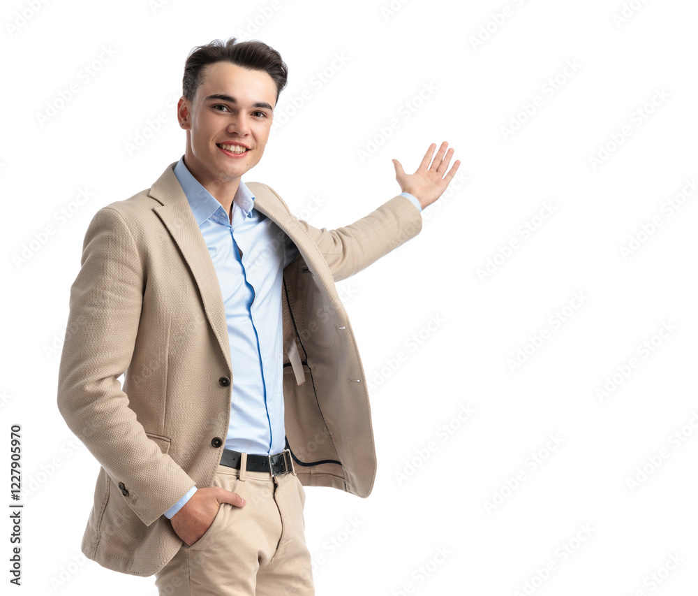 close up of relaxed businessman recommending to side close up of relaxed businessman recommending to side