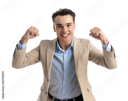 excited student in beige suit celebrating photo