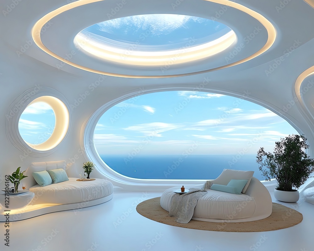 Fototapeta premium Modern interior with panoramic ocean view.