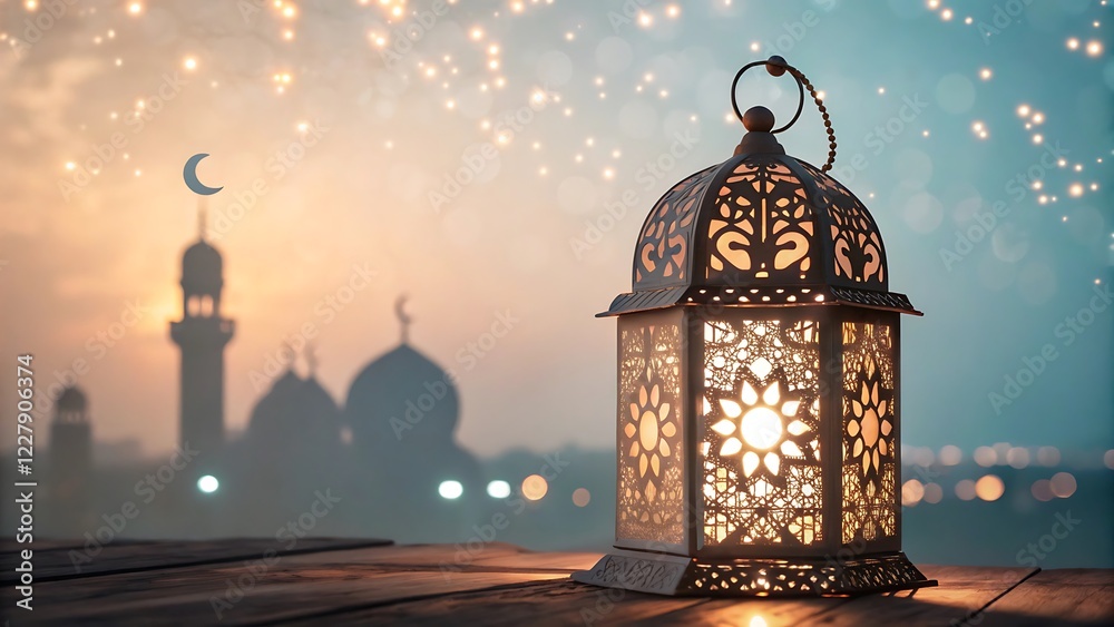 Fototapeta premium Ramadan Lantern with Intricate Design and Soft Bokeh Lights on Transparent Background
