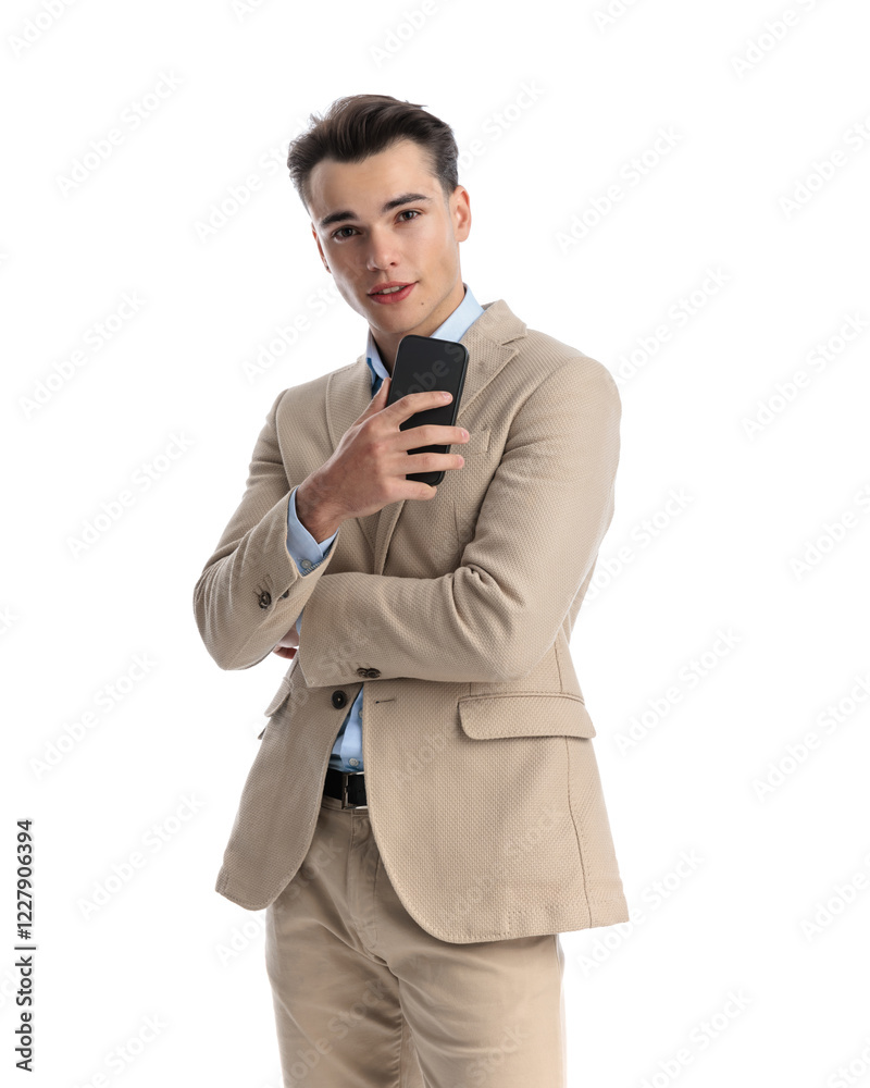 closeup of handsome businessman taking a picture with mobile phone closeup of handsome businessman taking a picture with mobile phone