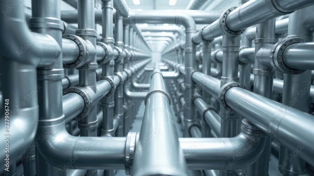 Intricate Network of Industrial Piping System A Complex Arrangement of Metallic Tubes in a Modern Facility Intricate Network of Industrial Piping System A Complex Arrangement of Metallic Tubes in a Modern Facility