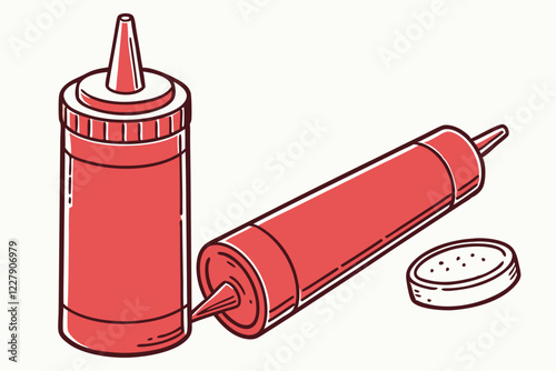 Red plastic squeeze bottle, ketchup dispenser, condiment container, vibrant color, simple design, kitchen utensil, food packaging, white background, product photography, clean lines, cylindrical shape