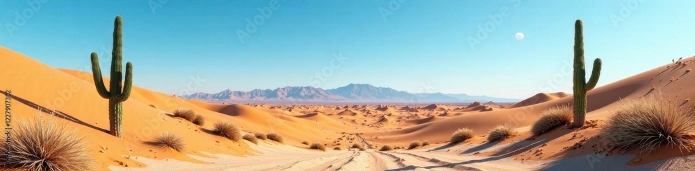 Desert landscape with cacti and sandy dunes under blue sky , desert, cactus Desert landscape with cacti and sandy dunes under blue sky , desert, cactus