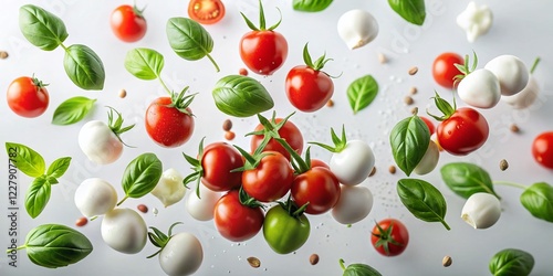 Floating Cherry Tomatoes, Basil & Mozzarella: Fresh Ingredients Levitation Food Photography