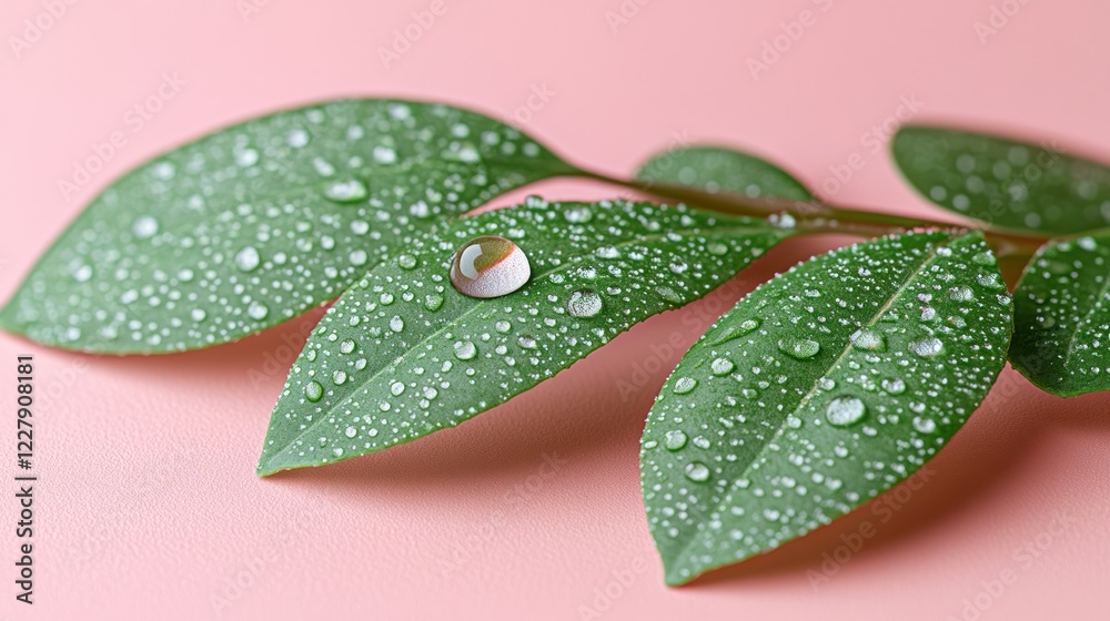 Dewdrop on leaves, pink background, nature, beauty Dewdrop on leaves, pink background, nature, beauty