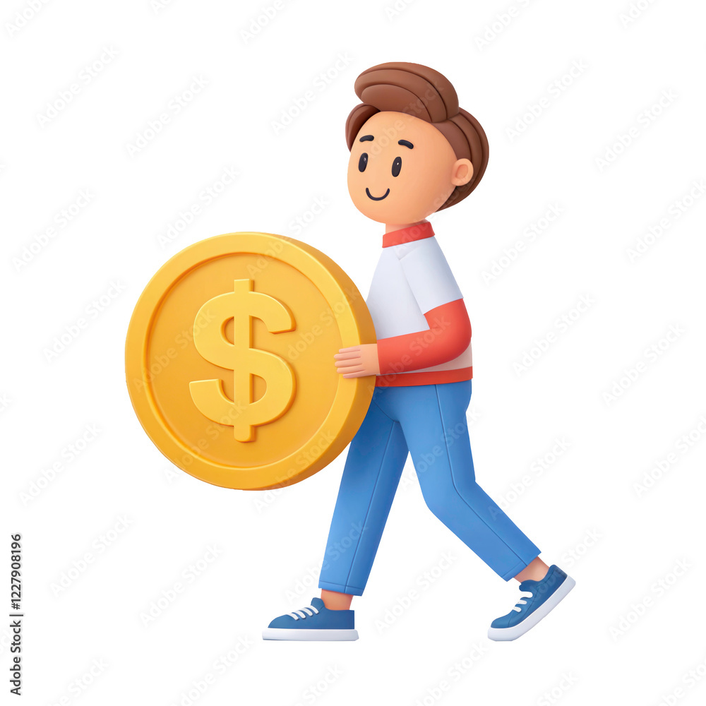 young man carrying dollar coin, 3D illustration young man carrying dollar coin, 3D illustration