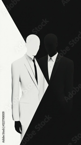 A striking minimalist banner with sharp silhouettes and sleek outfits in bold black and white.