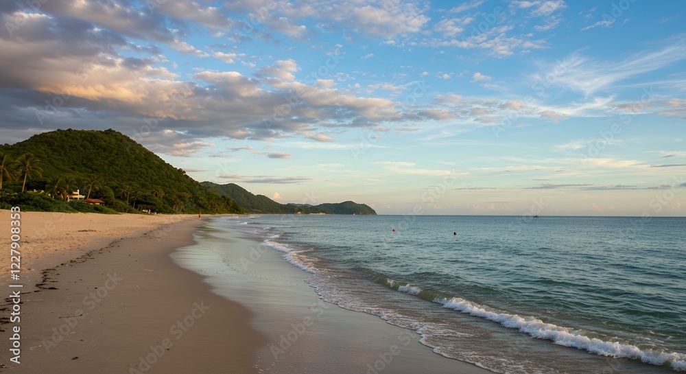 Serene Beachside View with Gentle Waves and Lush Greenery in the Background at Golden Hour Serene Beachside View with Gentle Waves and Lush Greenery in the Background at Golden Hour