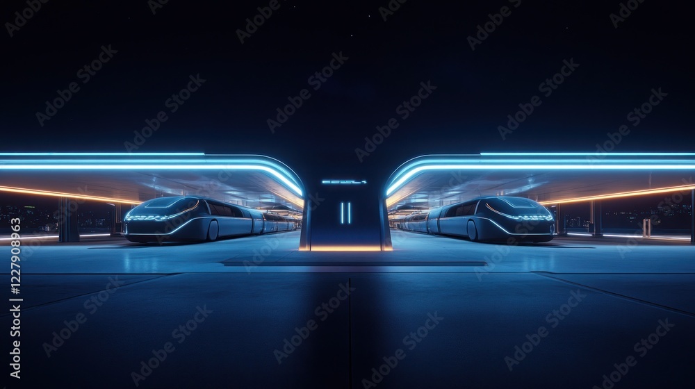 Fototapeta premium Futuristic Night Station: Autonomous Vehicles Charging