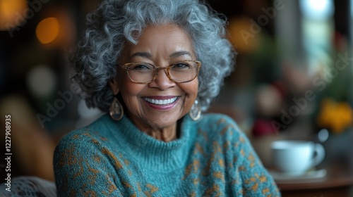 Smiling Elderly Woman With Curly Hair Wearing Glasses Enjoying a Cozy Cafe Atmosphere at a Sunny Afternoon. Generative AI