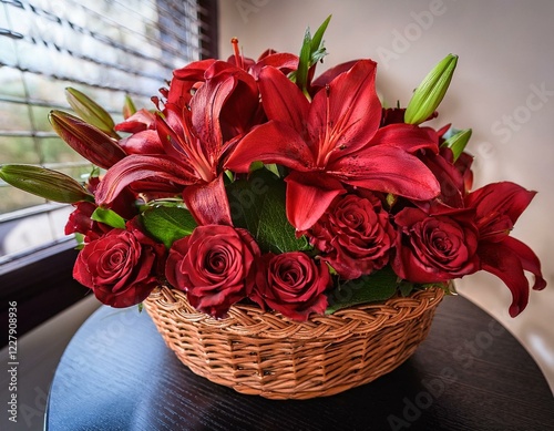 Wallpaper Mural vibrant bouquet of red lilies and roses arranged elegantly in a decorative basket perfect for home decor Torontodigital.ca