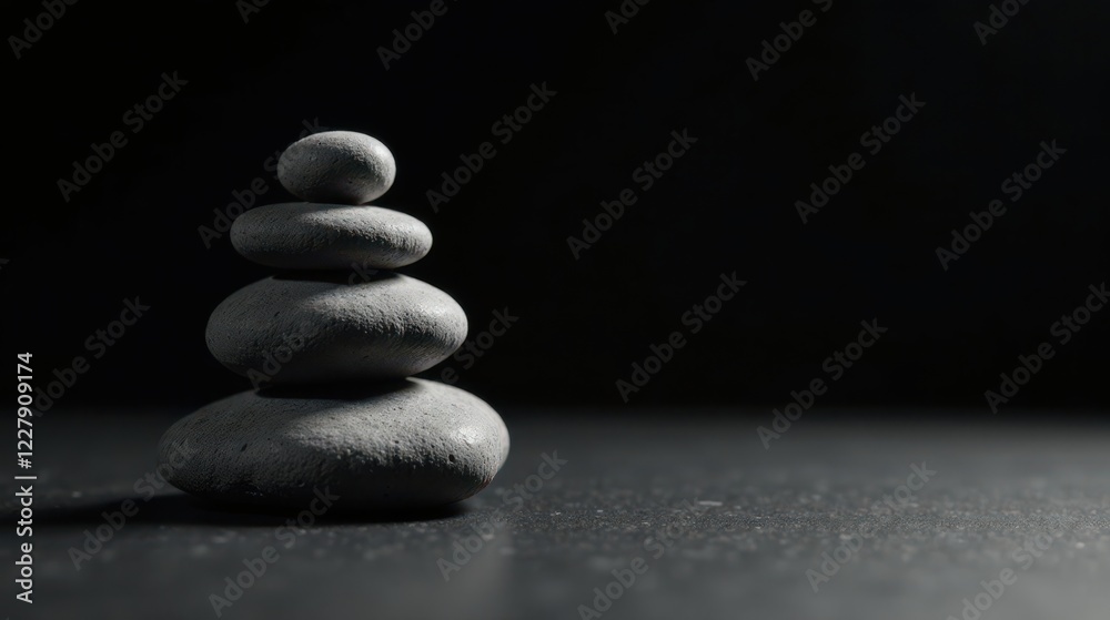 Serene Stack of Grey Stones on Dark Surface, Representing Balance and Tranquility Serene Stack of Grey Stones on Dark Surface, Representing Balance and Tranquility