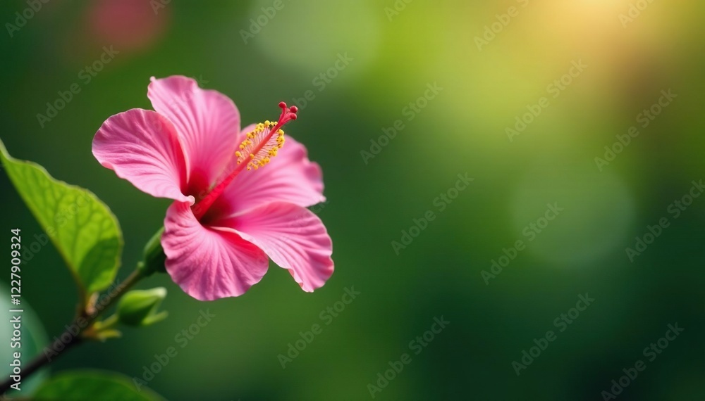 Fototapeta premium Delicate pink hibiscus flower blooming on a slender stem, garden, branch