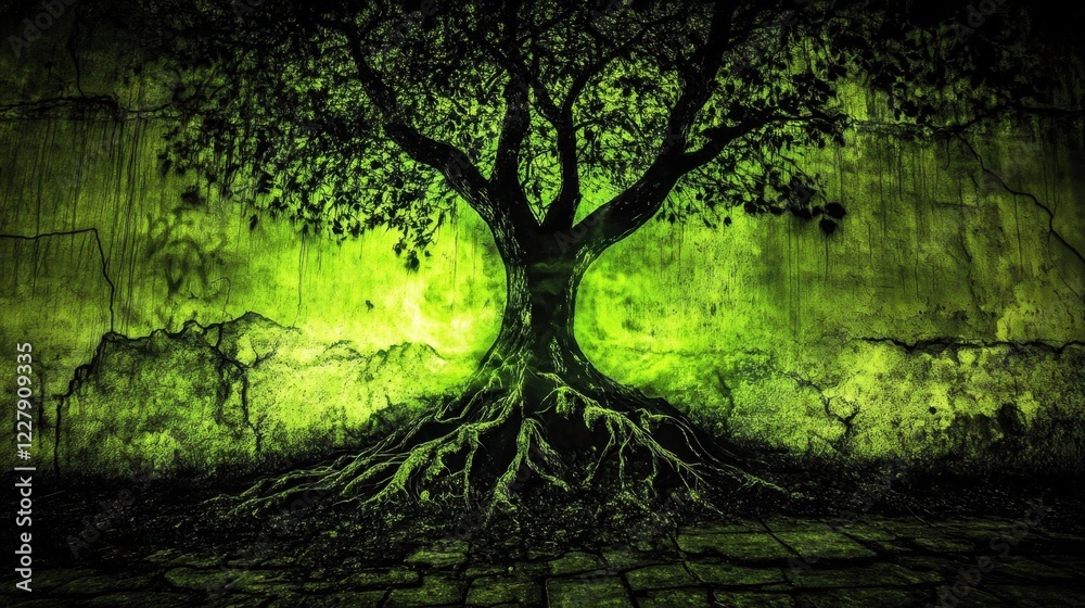 Naklejka premium Ancient Tree, Gnarled Roots, Green Wall.