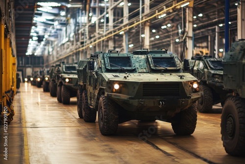 Military armored vehicles in a weapons factory, new military vehicles in the hangar, Army vehicles lined up in an assembly line, showcasing military readiness and production efficiency.