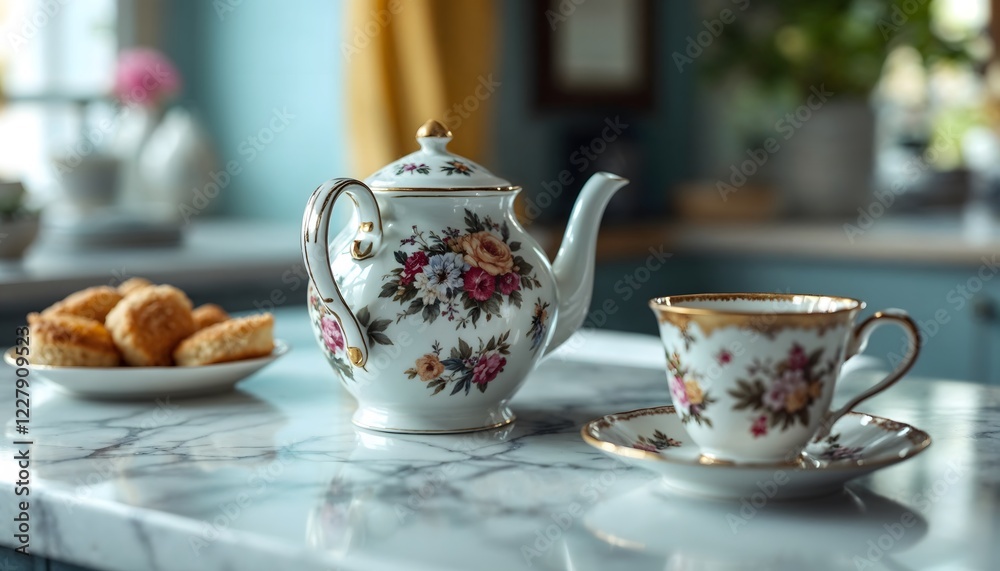 Elegant Floral Teapot and Teacup Set on Marble Elegant Floral Teapot and Teacup Set on Marble