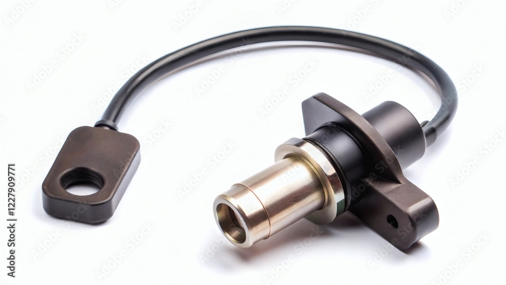 Close-up of a small electronic component with a wire and connector Close-up of a small electronic component with a wire and connector