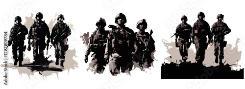 soldiers in action ink silhouette splatter grunge effects
