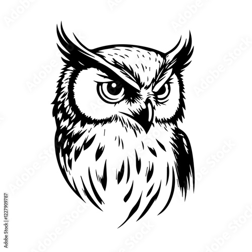 owl bird head with sharp details and ink sketch
