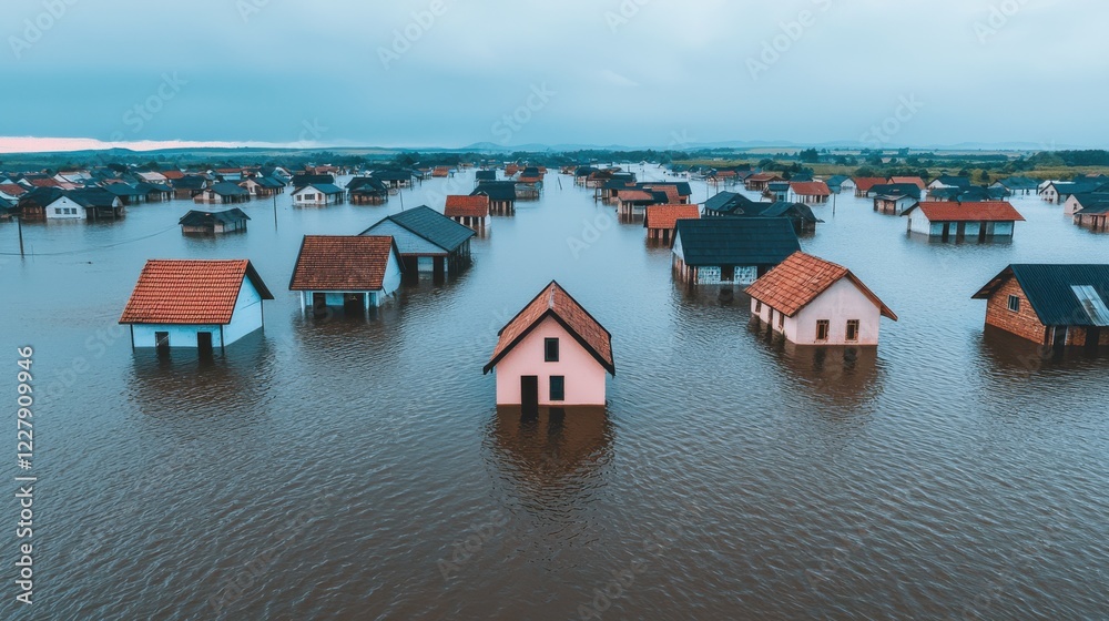 Fototapeta premium Flooded Coastal Village with Homes Partially Submerged in Water