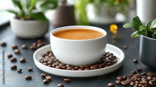 Warm Coffee Cup Sits on a Saucer Surrounded by Coffee Beans and Indoor Plants in a Cozy Setting With Natural Light. Generative AI