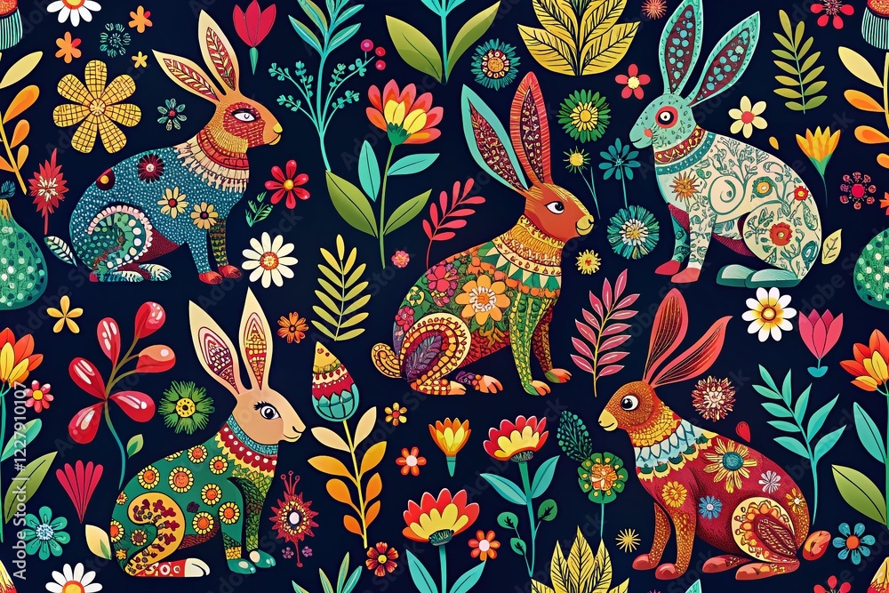 Folk Art Rabbit Silhouettes: Repeating Pattern for Textile Design Folk Art Rabbit Silhouettes: Repeating Pattern for Textile Design