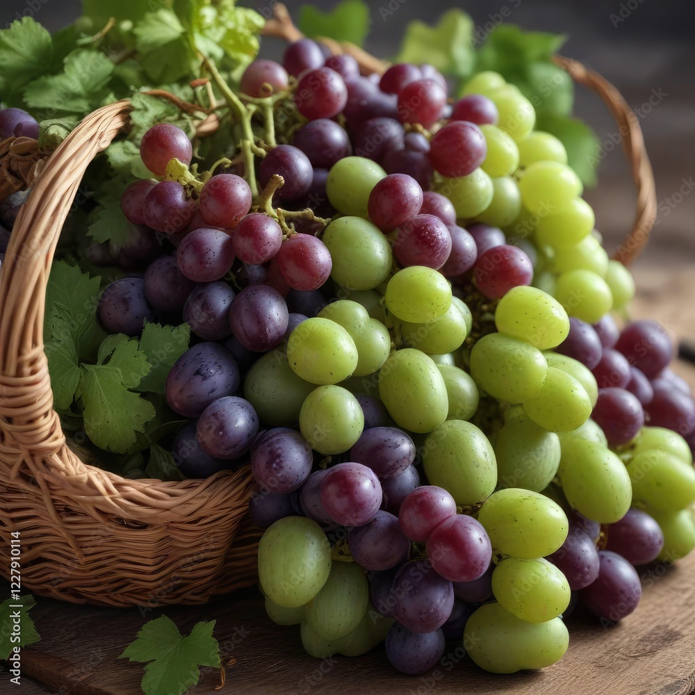 Close-up of wicker basket overflowing with vibrant green and purple grapes, harvest, agriculture Close-up of wicker basket overflowing with vibrant green and purple grapes, harvest, agriculture
