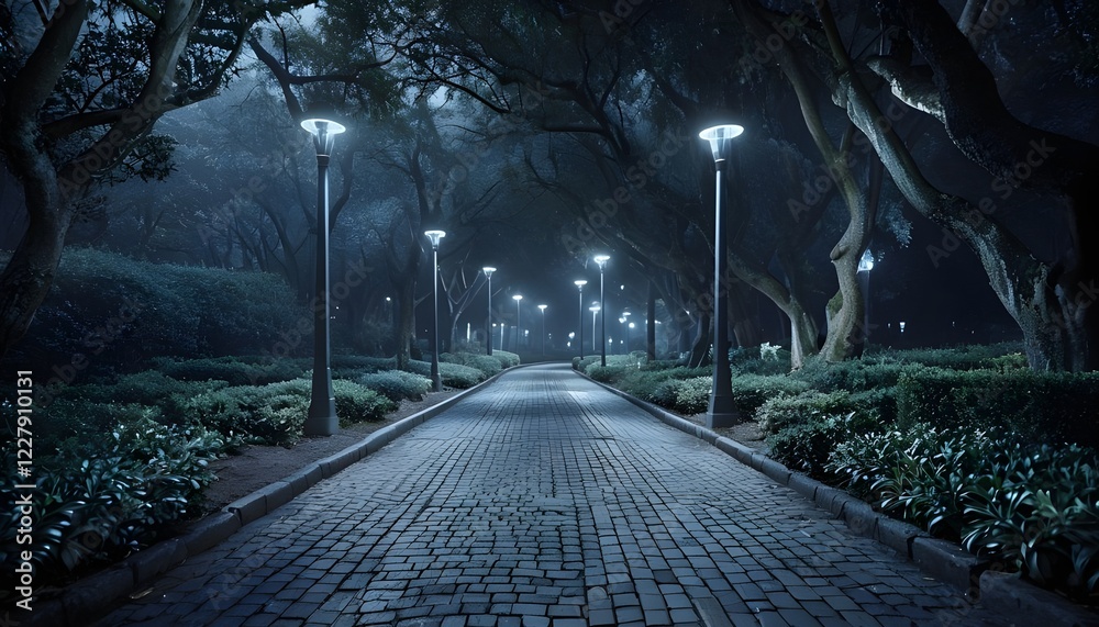 Fototapeta premium Serene Cobblestone Pathway Illuminated By Decorative Street Lamps