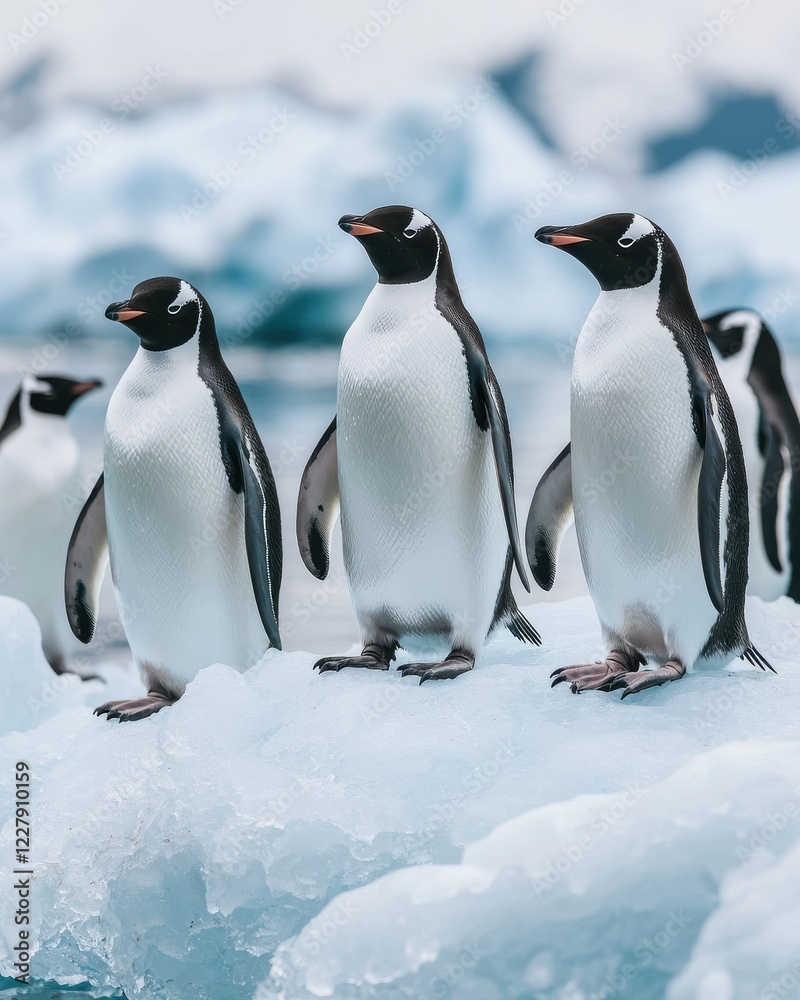 Fototapeta premium Group of Penguins Standing on Thinning Ice in Natural Habitat