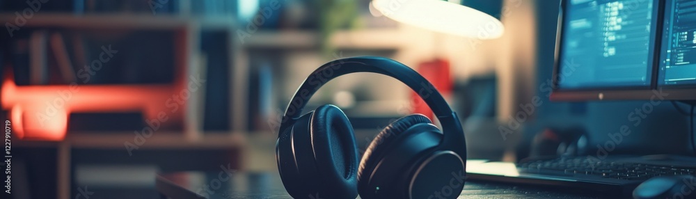 A modern set of noisecanceling headphones rests on a desk.