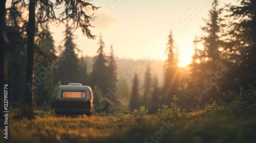 Wallpaper Mural Campervan parked in a forest at sunset. Torontodigital.ca