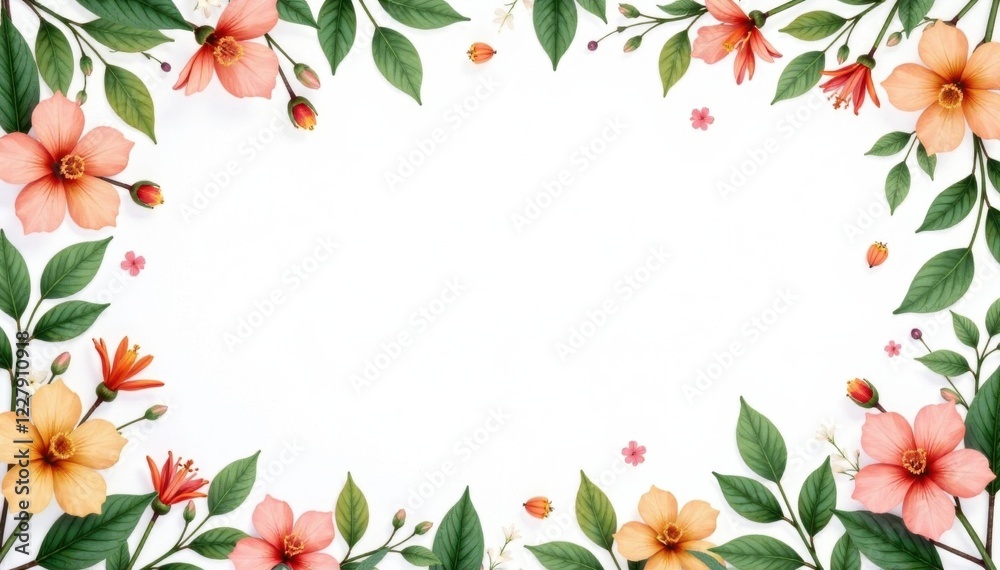 Fototapeta premium Delicate leaf and flower border on white background, white background, leaf border