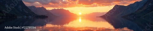 Golden hues of sunset reflected on calm fjord waters, water, serene, landscape