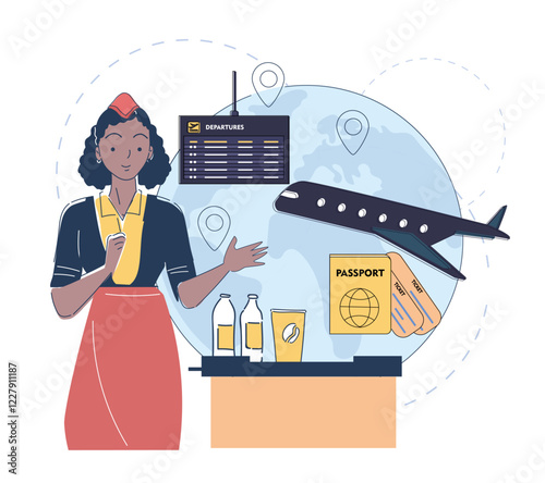 Illustration of a flight attendant, globe, airplane, departure board, passport, tickets, and drinks on a white background. Concept of travel and aviation. Vector illustration