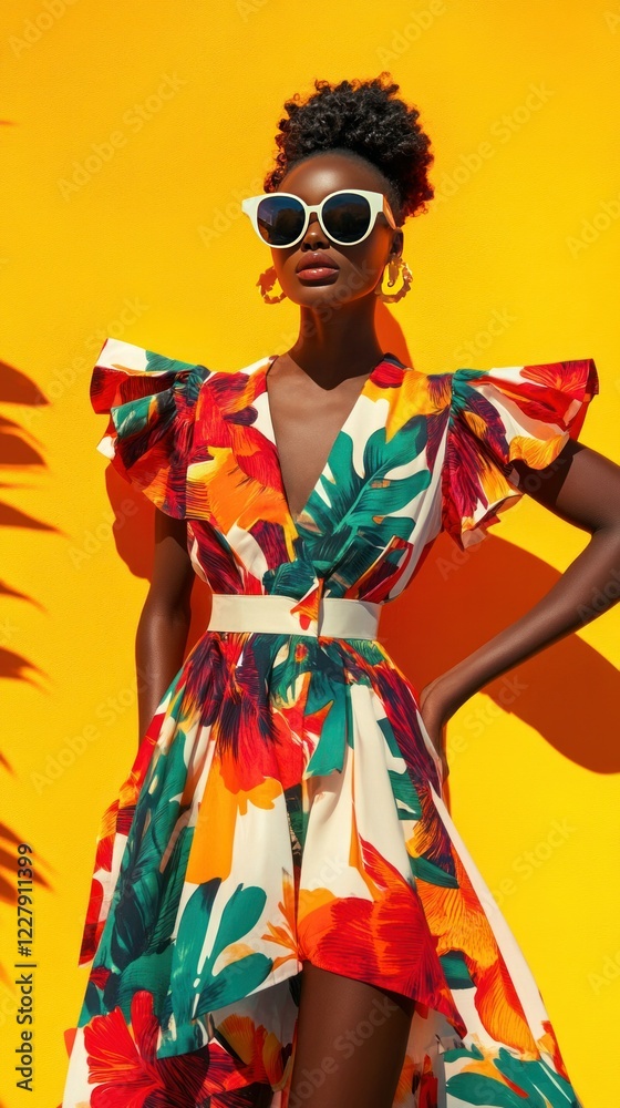 A vibrant banner with bold tropical prints, showcasing resort wear in bright, energetic settings. A vibrant banner with bold tropical prints, showcasing resort wear in bright, energetic settings.