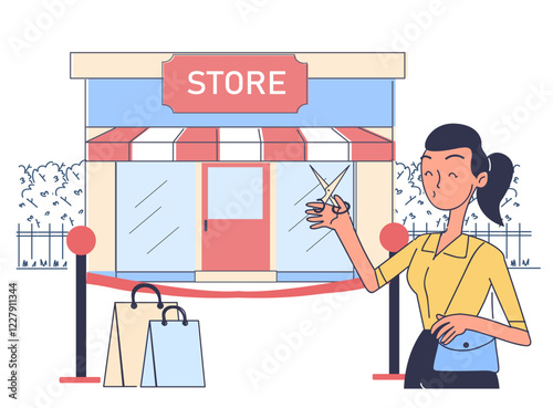 Illustration of a woman cutting a ribbon at a new store opening. Background includes a storefront, shopping bags, and greenery. Concept of grand opening. Vector illustration