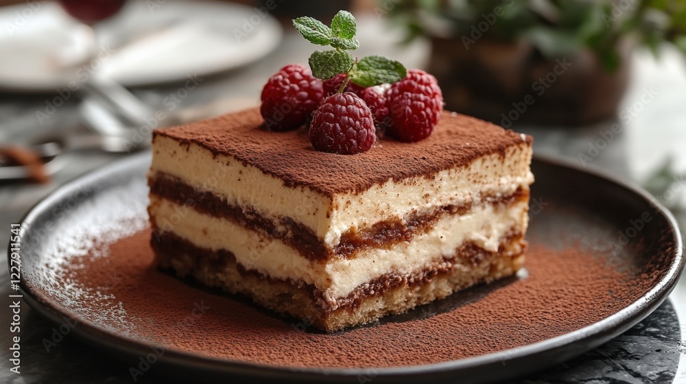 Delicious Dessert Served on a Plate, Featuring Layers of Creamy Mascarpone and Cocoa Powder Topped With Fresh Raspberries and Mint. Generative AI Delicious Dessert Served on a Plate, Featuring Layers of Creamy Mascarpone and Cocoa Powder Topped With Fresh Raspberries and Mint. Generative AI