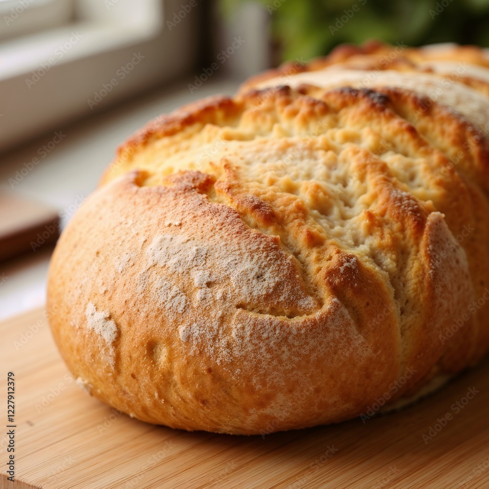 Golden Rustic Sourdough Bread Baked with Artisan Craftsmanship on Wooden Board Golden Rustic Sourdough Bread Baked with Artisan Craftsmanship on Wooden Board