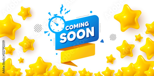 Coming soon winner banner with 3d stars. Golden stars banner. Coming soon paper banner. Timer announcement tag. New open time icon. Review rate background. Vector