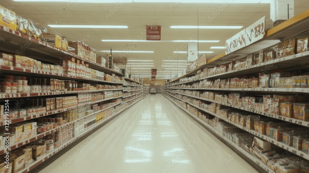 Empty supermarket aisle with shelves stocked with canned goods and packaged food. Empty supermarket aisle with shelves stocked with canned goods and packaged food.