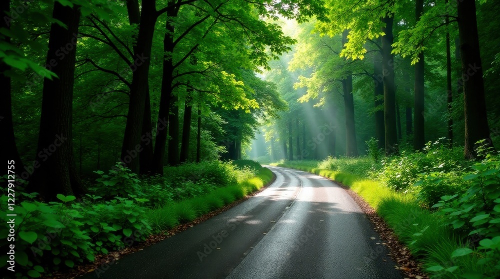 Obraz premium Sunbeams Illuminate a Serpentine Path Winding Through a Lush, Verdant Forest Canopy