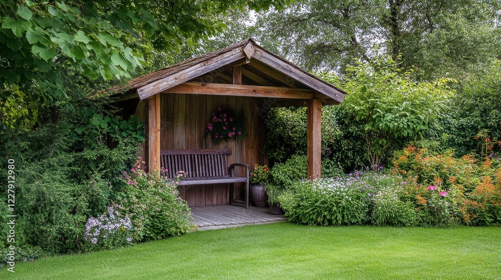 Cozy Garden Retreat with Wooden Pavilion and Flowers Cozy Garden Retreat with Wooden Pavilion and Flowers
