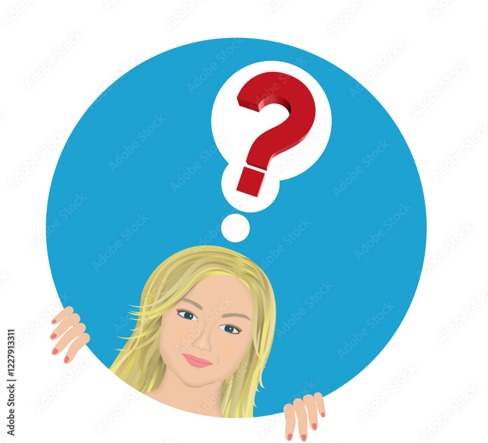 Curios young woman looking out from a hole, question mark over her head. Vector illustration.