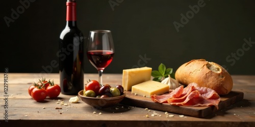 Rustic wooden table setting featuring a bottle of red wine, a glass of red wine, cured meat, cheese, olives, cherry tomatoes, and a crusty roll.