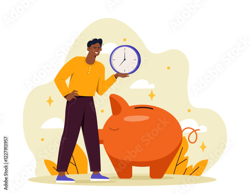 A man holding a clock beside a large orange piggy bank, standing on a light background with leaves and clouds. Concept of time management and savings. Vector illustration