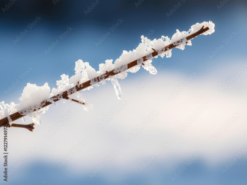 Obraz premium Close-up shot of delicate ice crystals forming on the surface of a frozen winter branch in the morning light, morning light, ice crystals