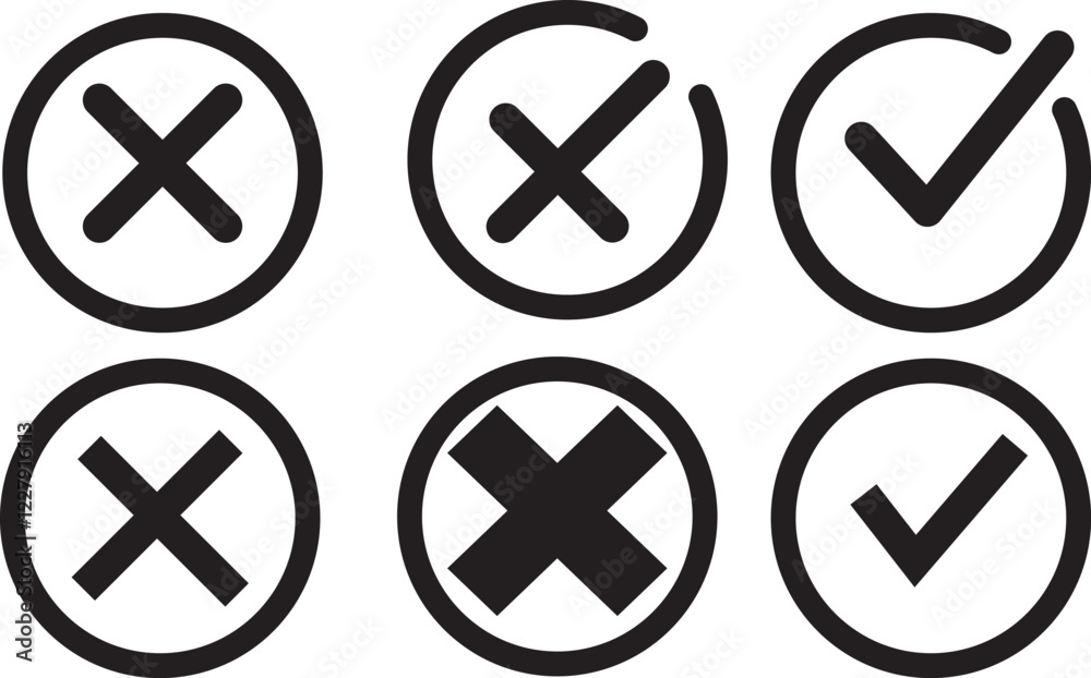 Check Mark and X icons: approval and rejection symbols. Flat and modern check and X mark design in circle, vector illustration. Check Mark and X icons: approval and rejection symbols. Flat and modern check and X mark design in circle, vector illustration.