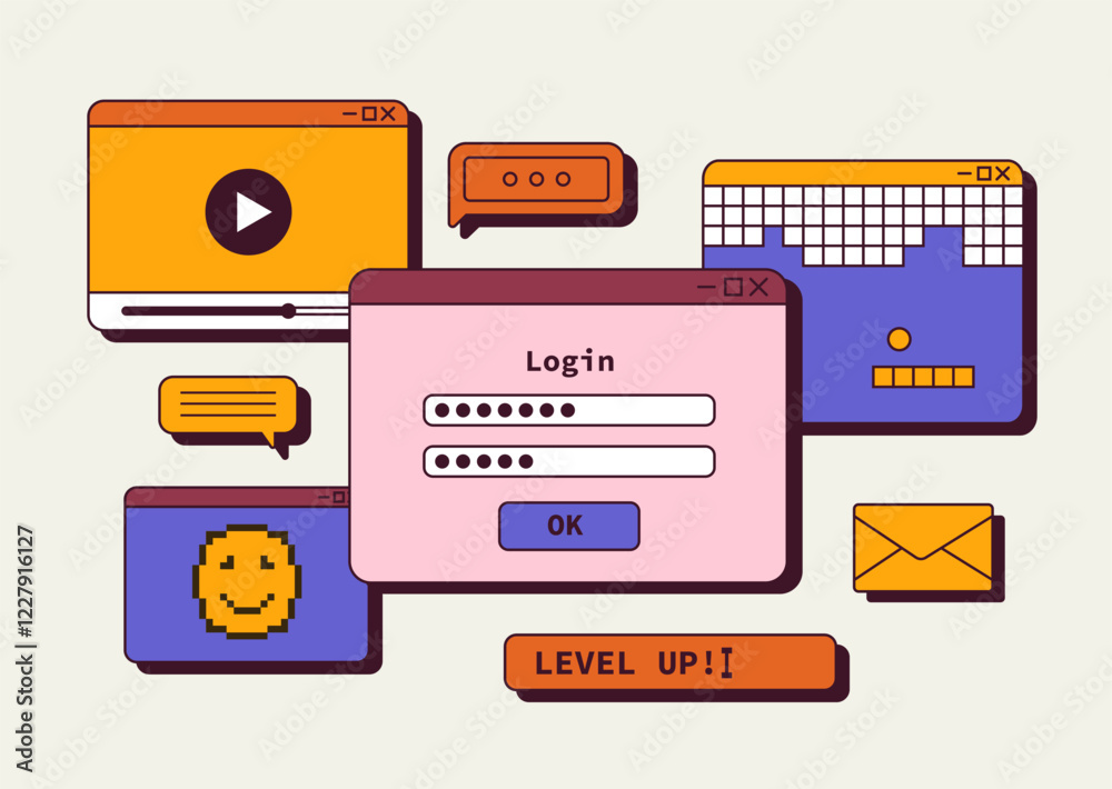 Retro-style digital interface elements, including login forms, chats, videos, and icons, in bold, colorful shapes on a light background. Concept of UI design. Vector illustration