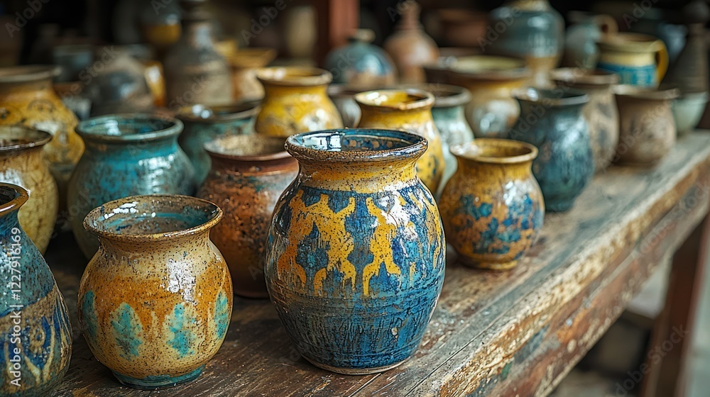 Handcrafted pottery displayed in workshop Handcrafted pottery displayed in workshop